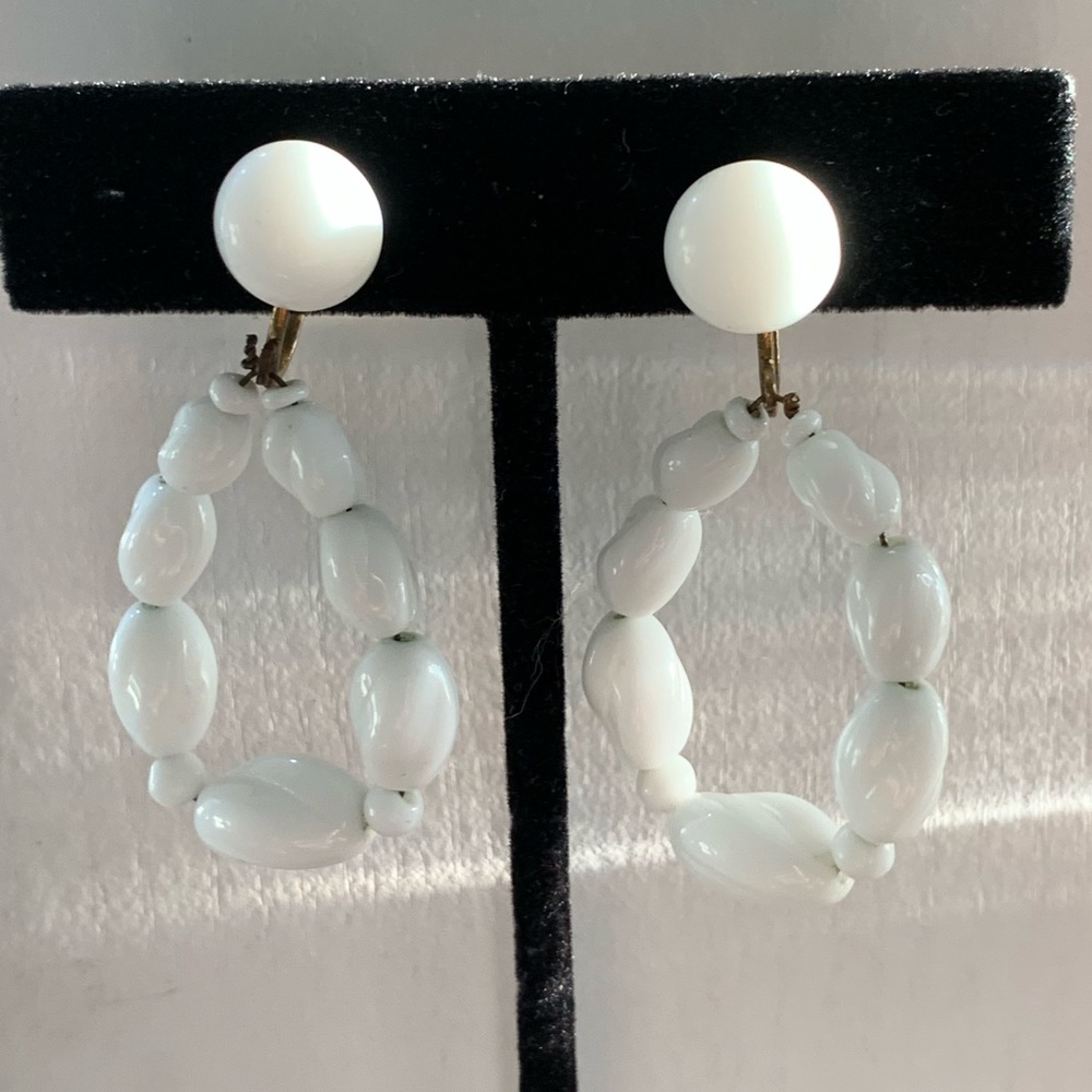 Vintage Dangle White Bead Screw Back Earrings